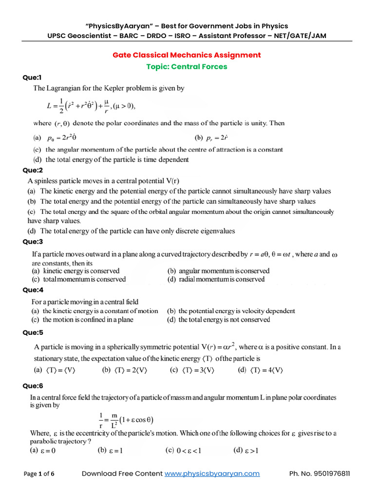 Gate Classical Mechanics Assignment 1 PhysicsByAaryan | PDF