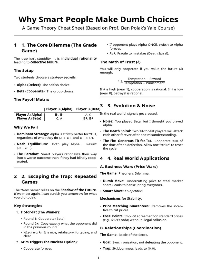 Game Theory Cheat Sheet | PDF | Game Theory | Economics Of Uncertainty