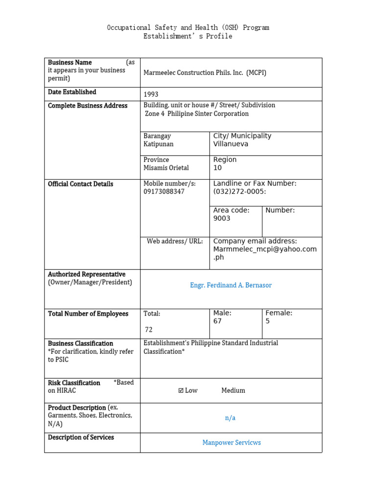 OSH Program Template - Form | PDF | Occupational Safety And Health | Safety