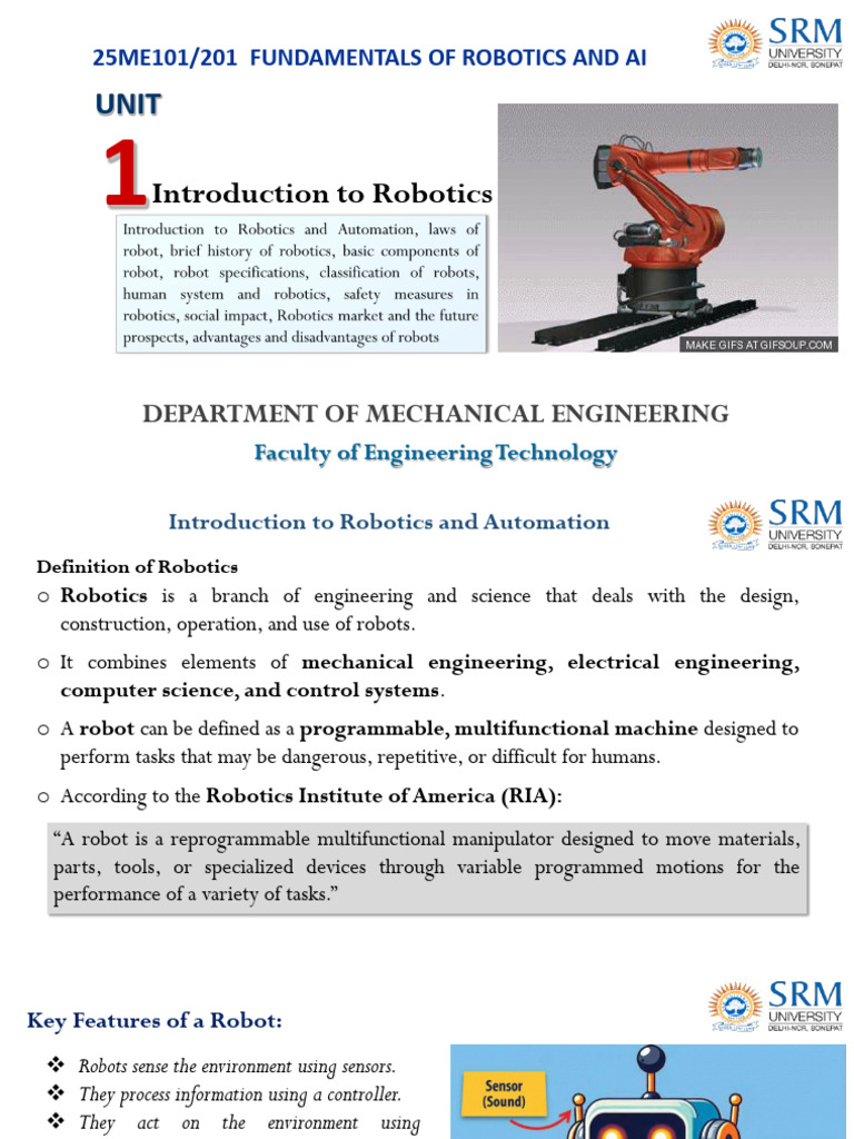 25ME101-Robotics and AI-Unit 1 | PDF | Robot | Robotics