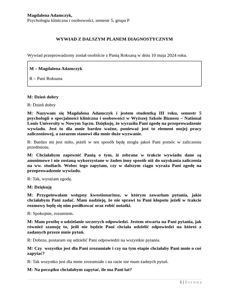 WYWIAD Z Dalszym Planem Diagnostycznym | PDF
