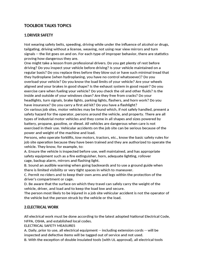Toolbox Talks Topics | PDF