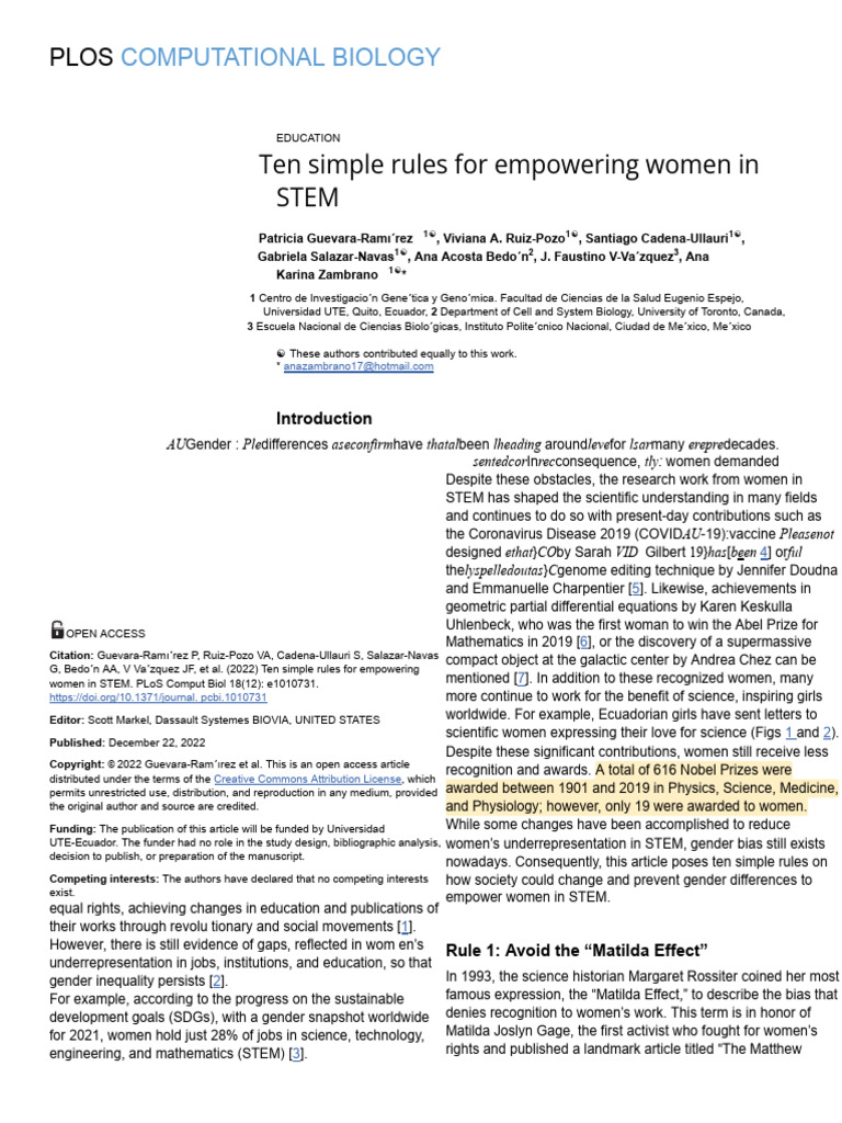 Ten Simple Rules For Empowering Women in STEM Pcbi.1010731 | PDF ...
