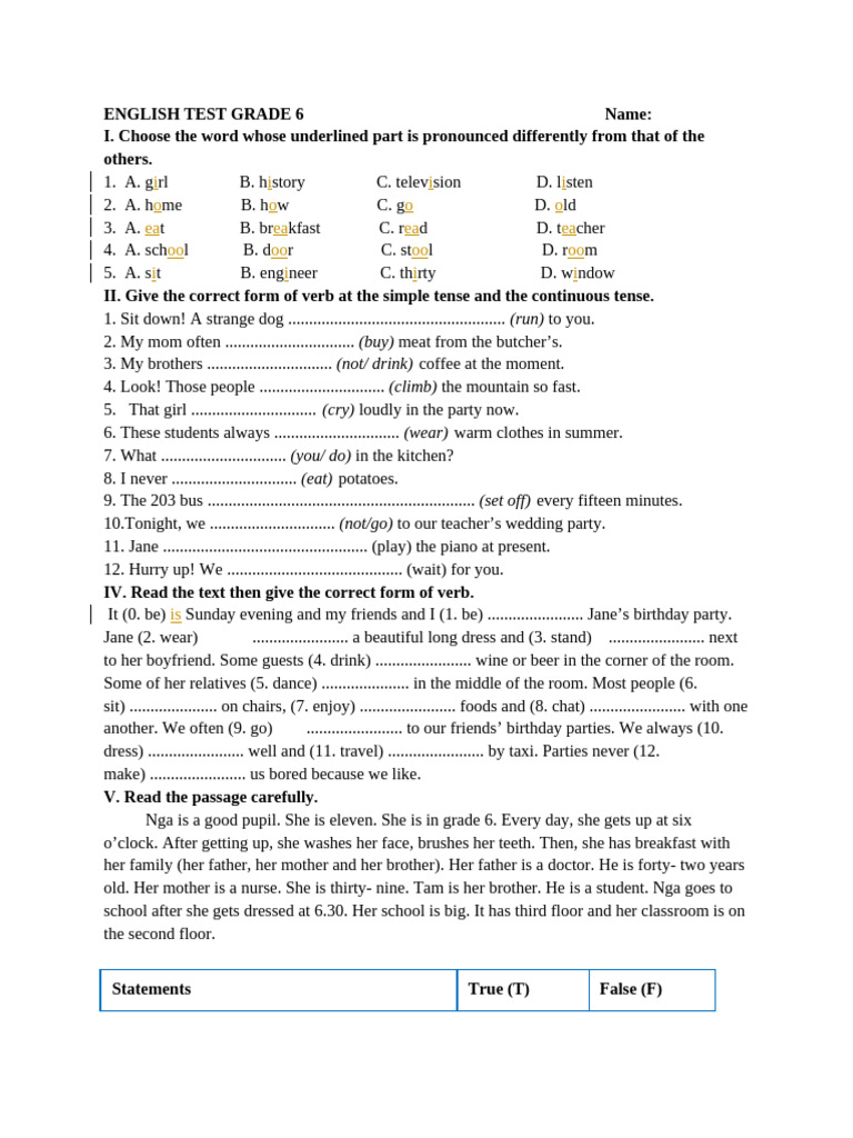 English Test Grade 6 | PDF