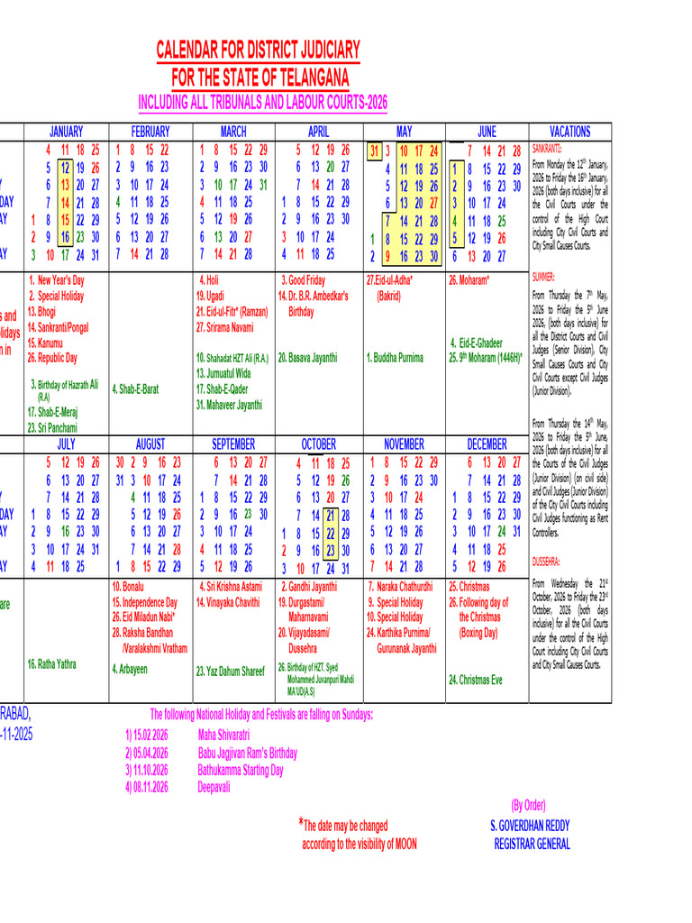 A screenshot of the District Court Calendar 2026