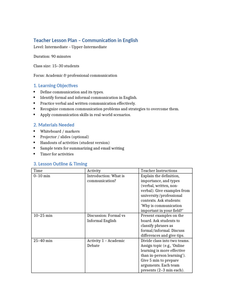 Teacher Lesson Plan Communication | PDF | Communication | Teachers