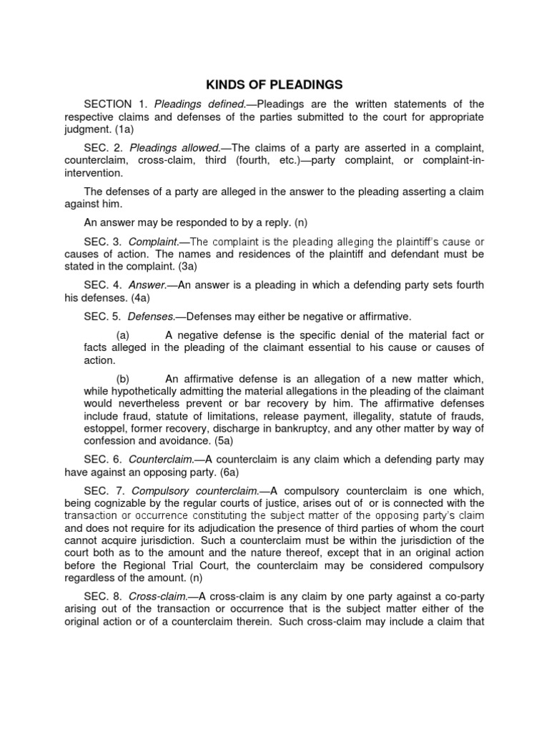 Kinds of Pleadings Pleading Cause Of Action