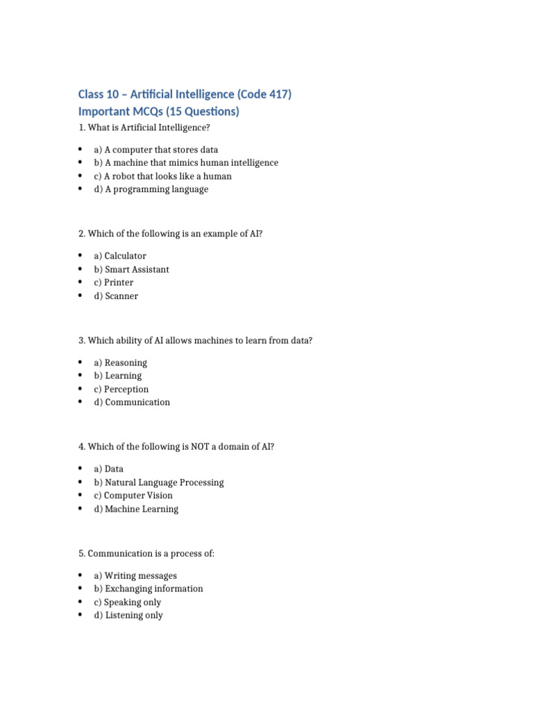 Class 10 AI Code 417 MCQs Without Answers | PDF