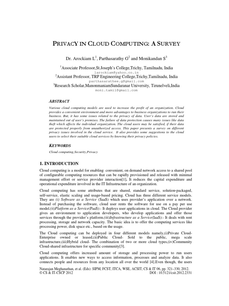Privacy in Cloud Computing: A Survey | PDF | Cloud Computing | Privacy