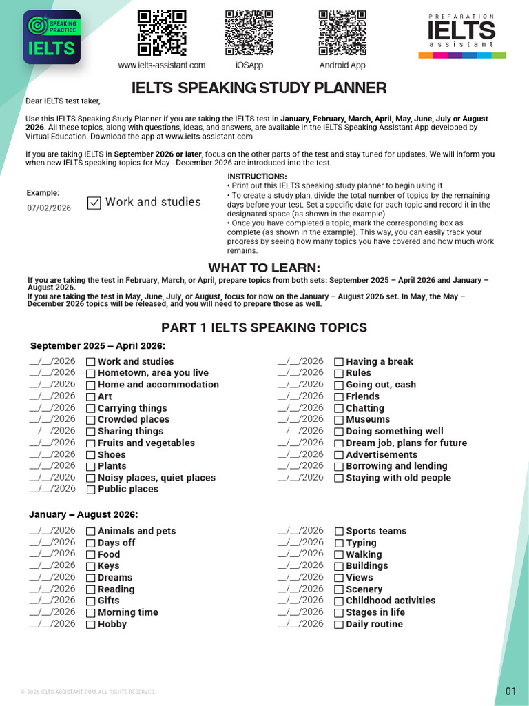 IELTS Speaking Study Planner January August 2026 | PDF | International ...
