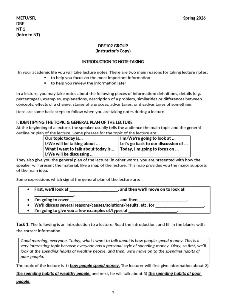 NT 1 Intro To Note Taking Ins | PDF | Verb | Semantics
