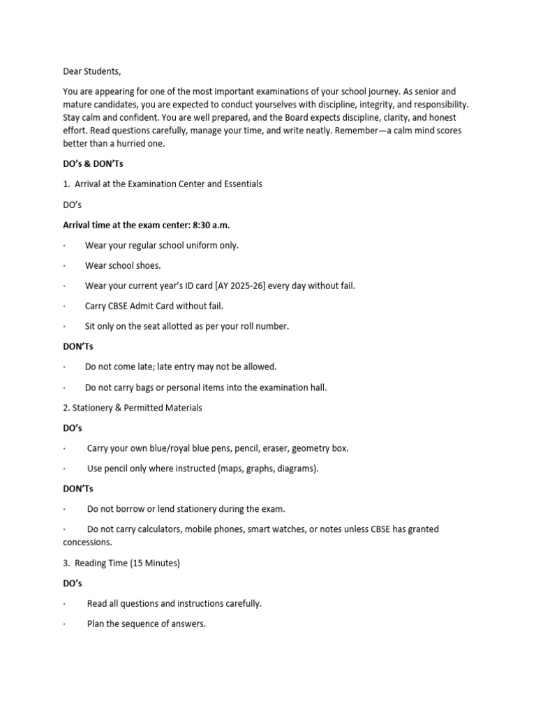 Instructions For Board Exams | PDF