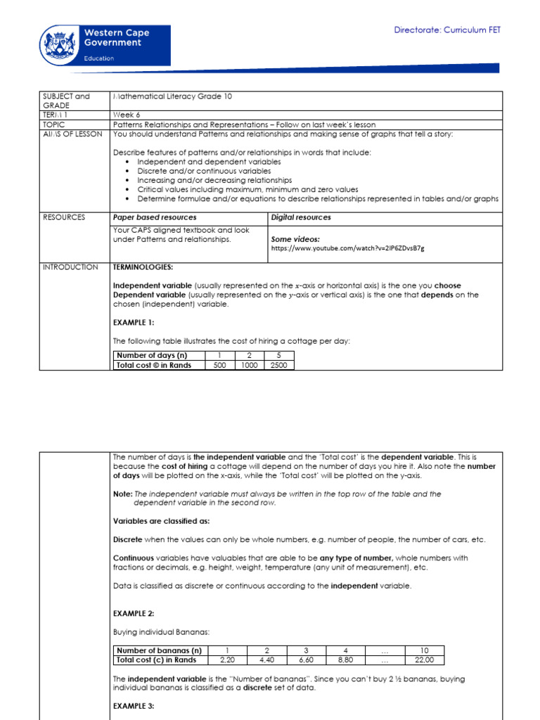 Mathematical Literacy Grade 10 Term 1 Week 6 - 2021 | PDF | Variable ...