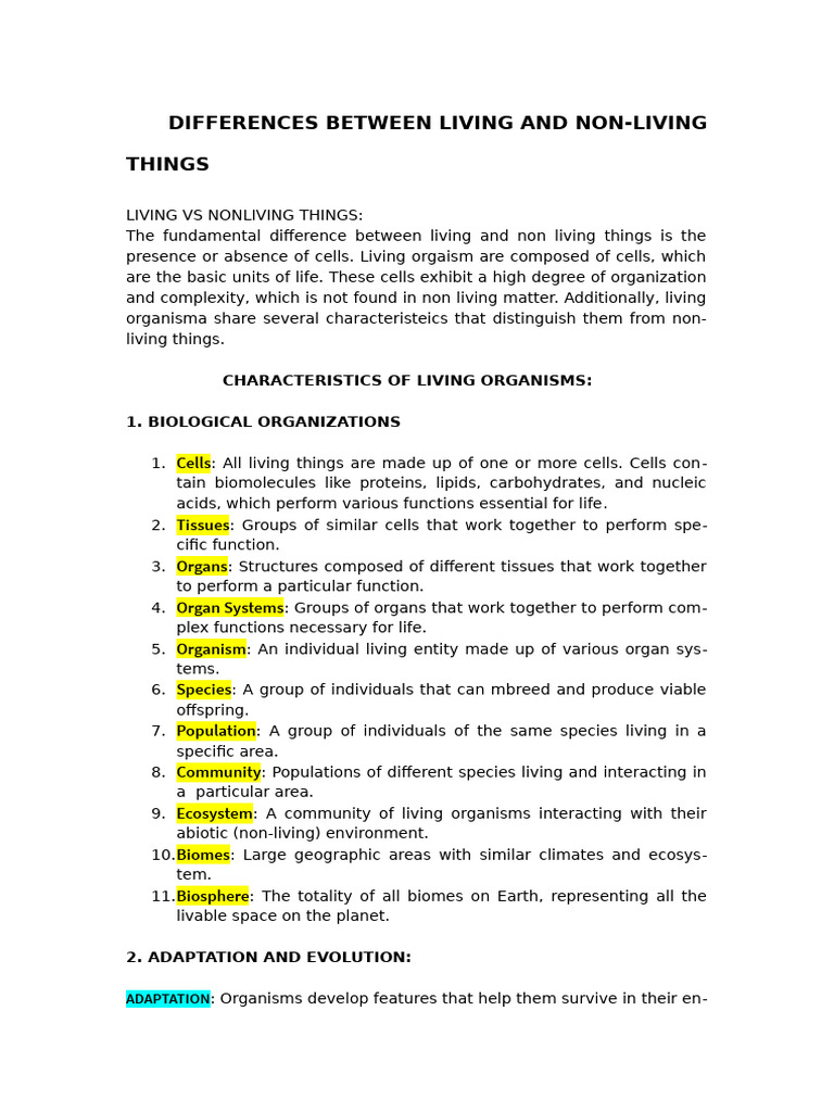 Differences Between Living and Non Living Things | PDF | Sexual ...