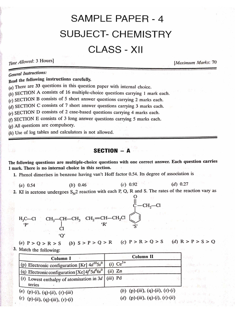 Chemistry Sample Paper 4 | PDF