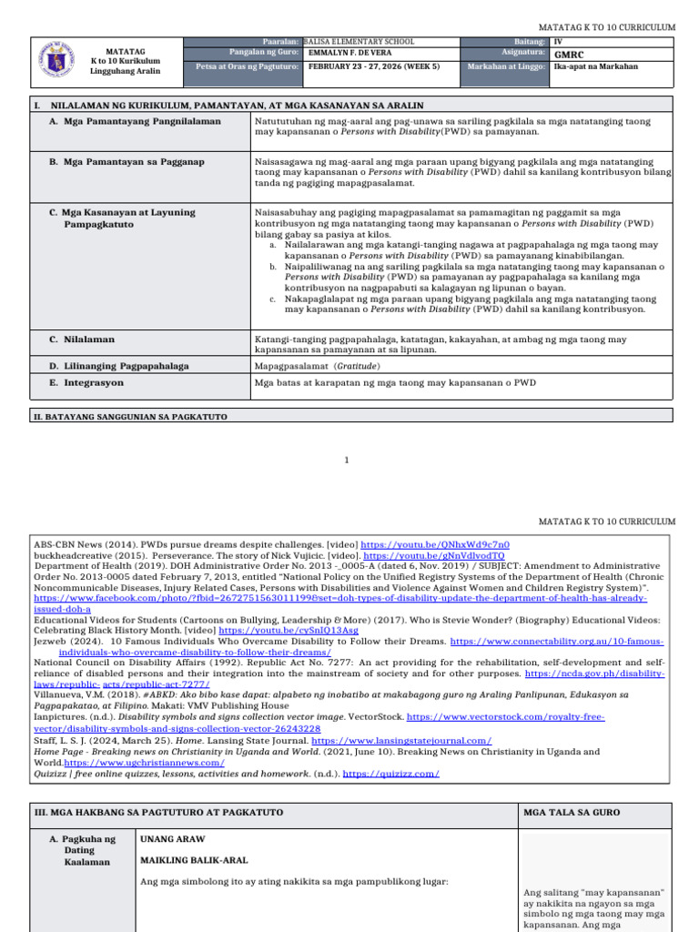 DLL Matatag - GMRC 4 q4 w5 | PDF