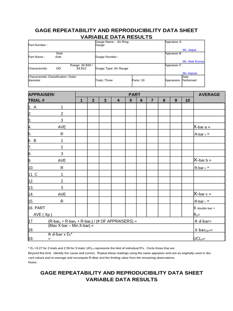 Gage Repeatability and Reproducibility Data Sheet | PDF | Chess Theory ...