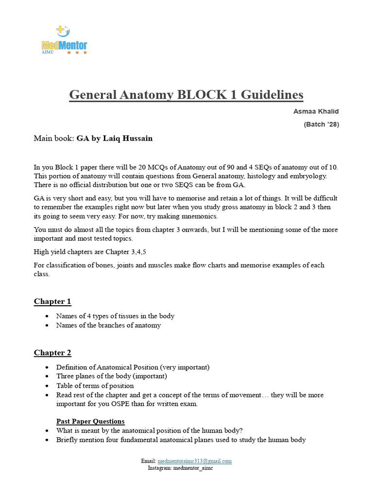 MedMentor's General Anatomy BLOCK 1 Guidelines | PDF | Joint | Bone