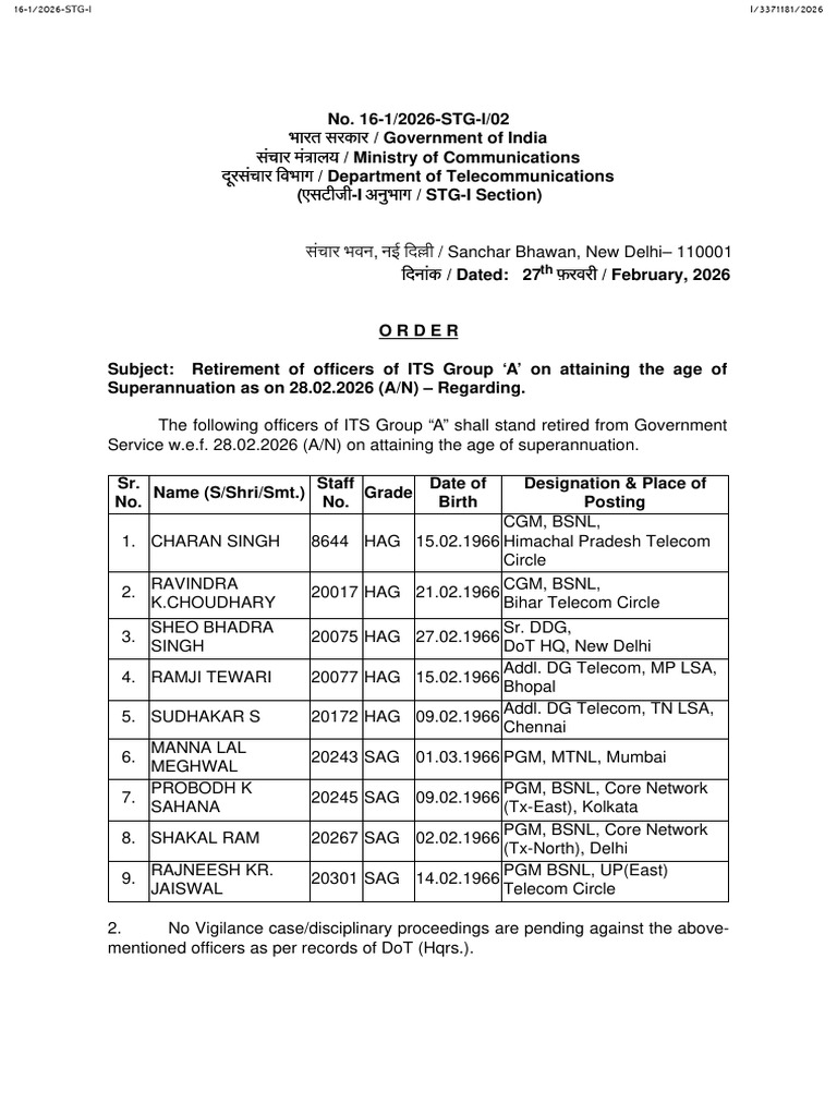Retirement Order Dated 27.02.2026 | PDF | Government Of India | New Delhi