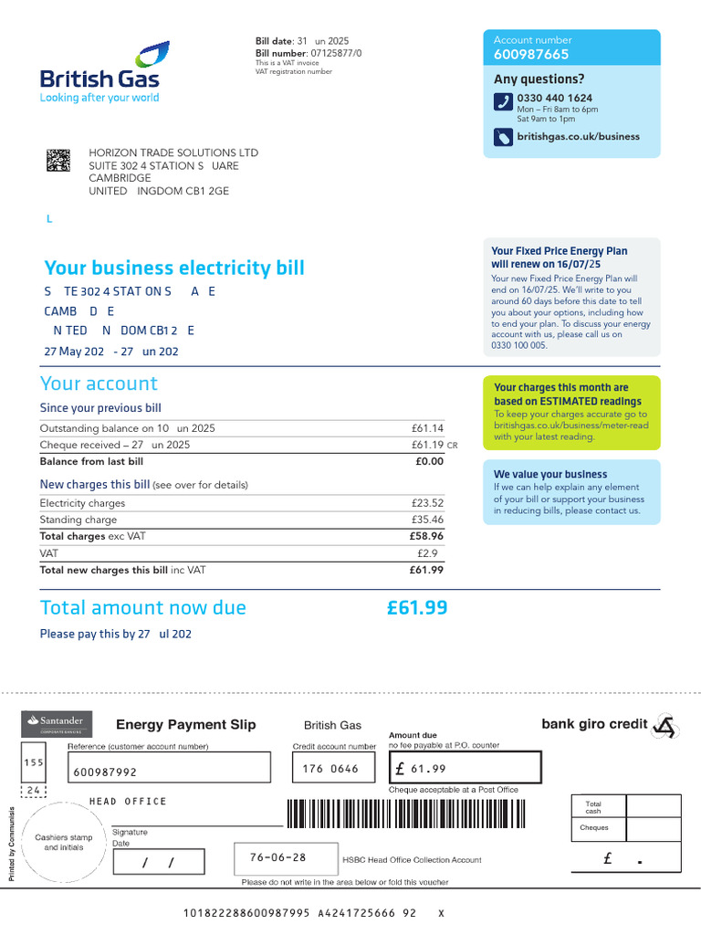 UK British Gas Company Business Utility Bills | PDF | Cheque