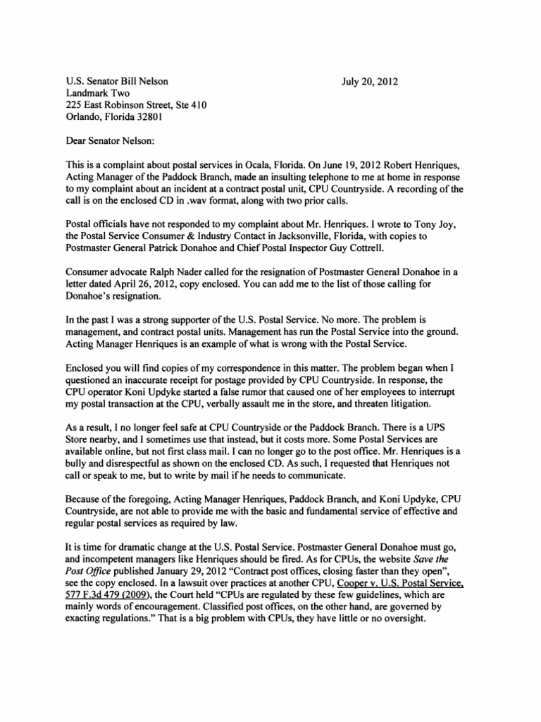 Letter to U.S. Senator Bill Nelson, Complaint About U.S. Postal Service