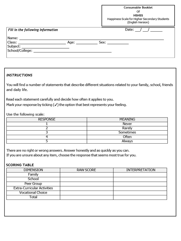 HAPPINESS SCALE FOR HIGHER SECONDARY STUDENTS PT 2-2-5 | PDF