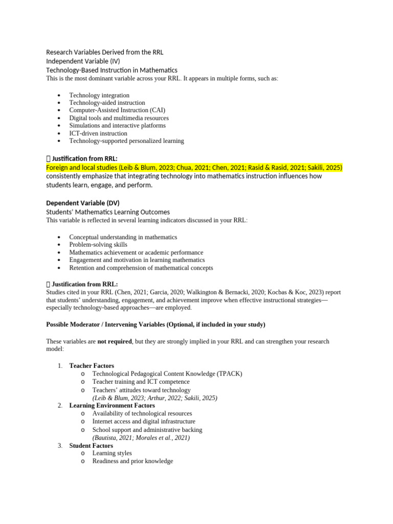 Research Variables Derived From The RRL | PDF | Educational Technology ...