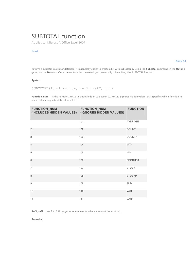 Excel SUBTOTAL Function | PDF | Microsoft Excel | Software