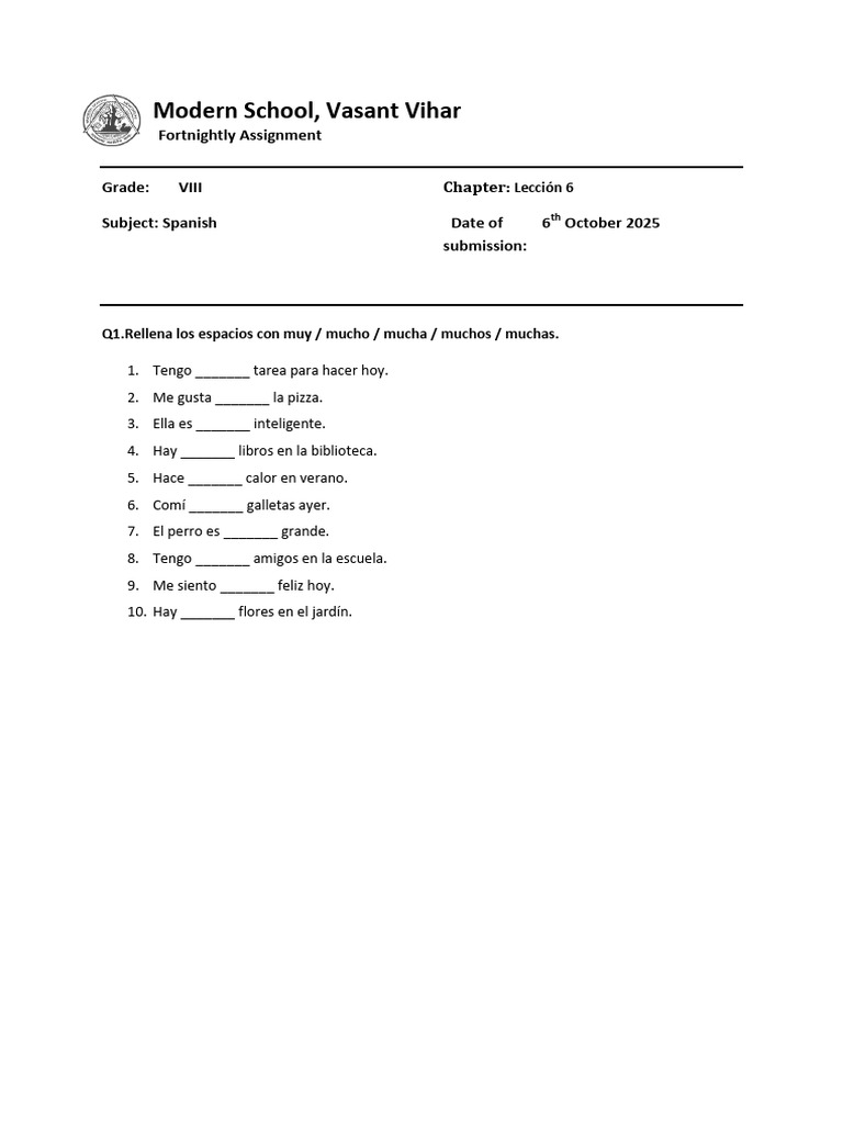 279202512415487spanish Assignment For Grade VIII | PDF