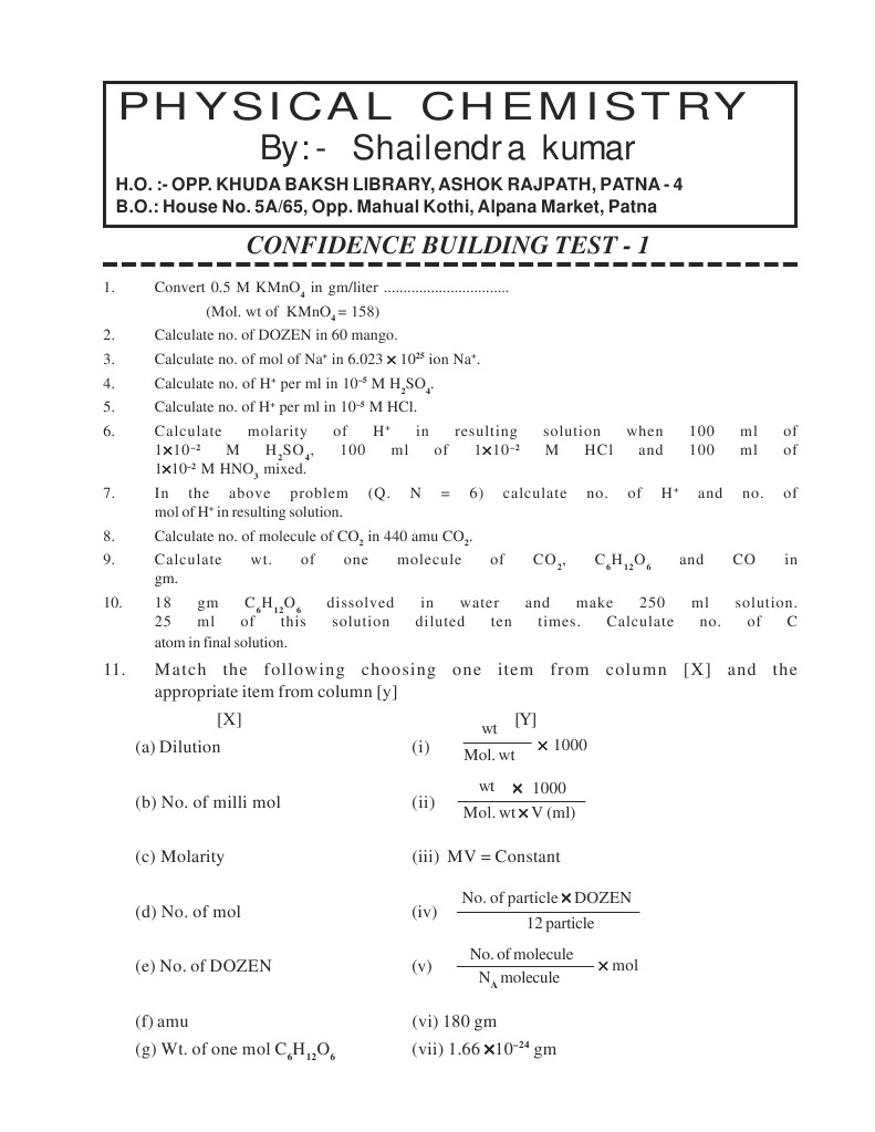Physical Chemistry Practice Problems | PDF | Ph | Molar Concentration
