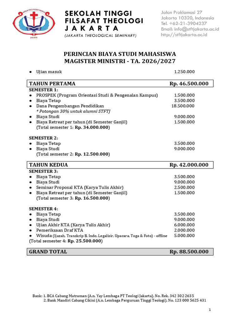 Perincian Biaya Studi Magister Ministri TA 2026-2027 | PDF