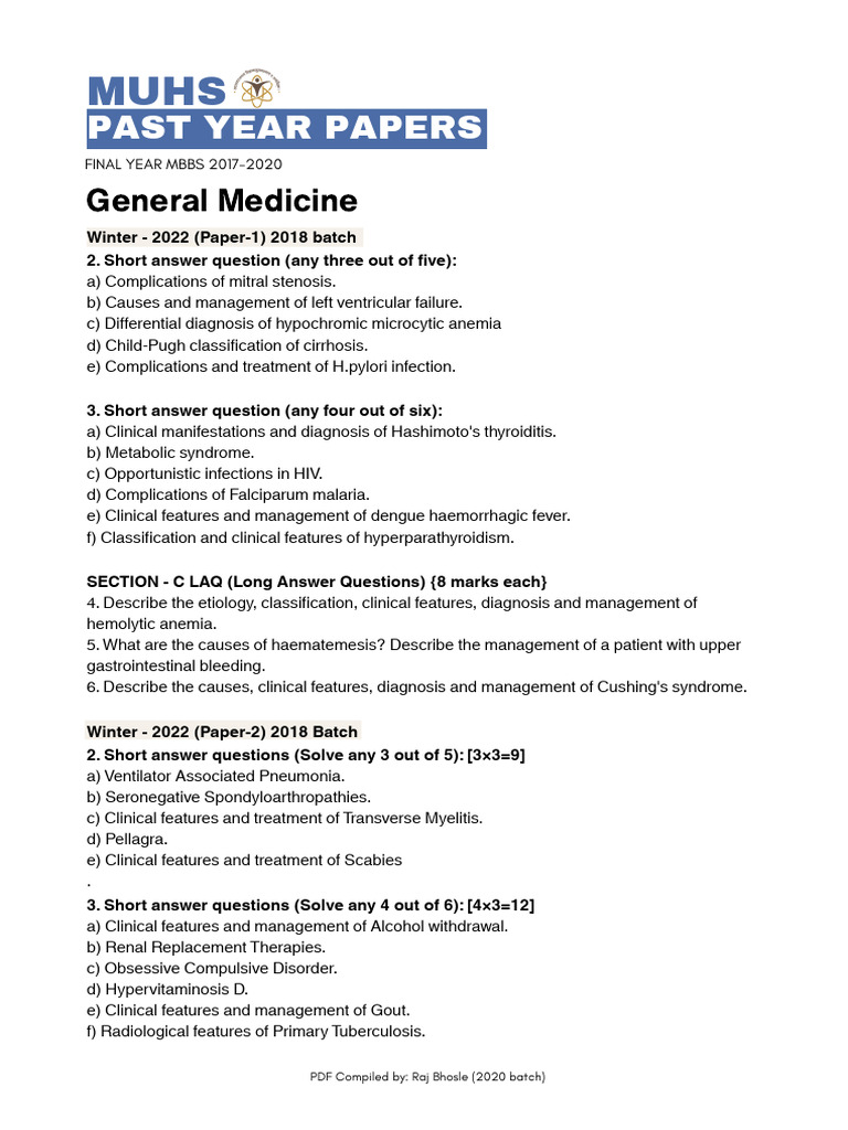 Muhs Pyq Final Year Mbbs | PDF | Medical Diagnosis | Myocardial Infarction