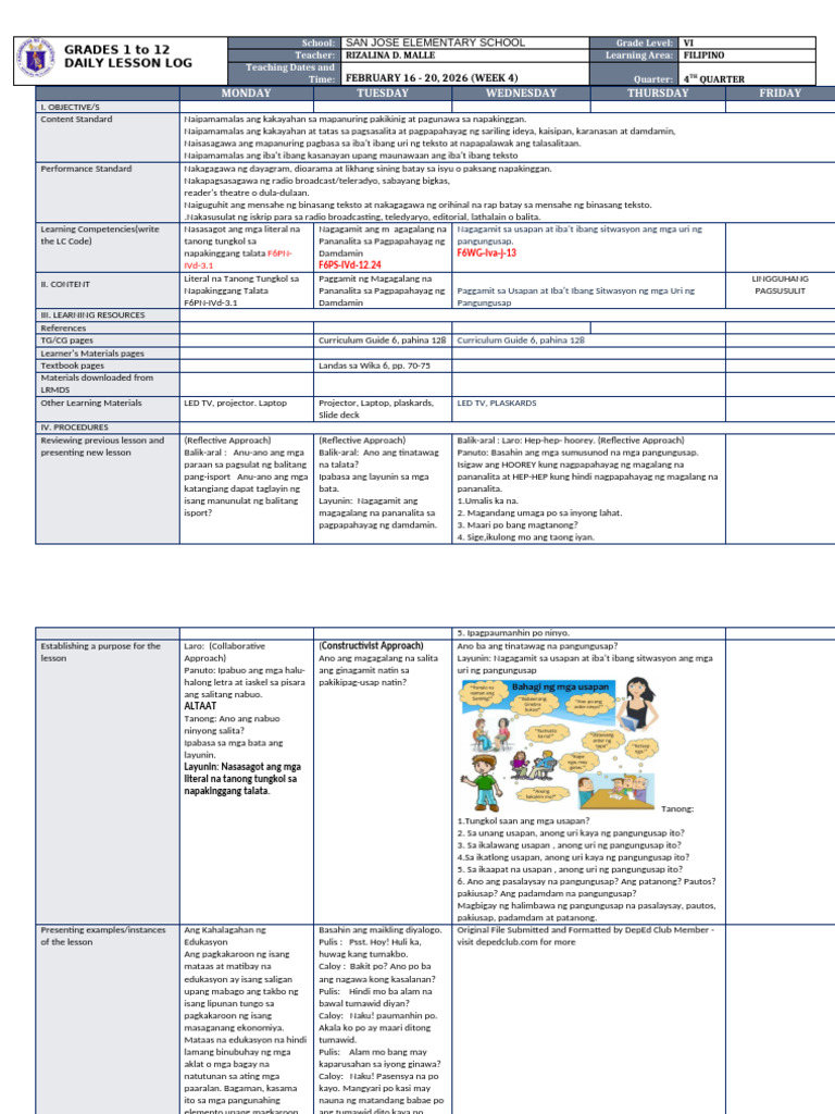 DTC DLL Filipino 6 q4 w4 | PDF