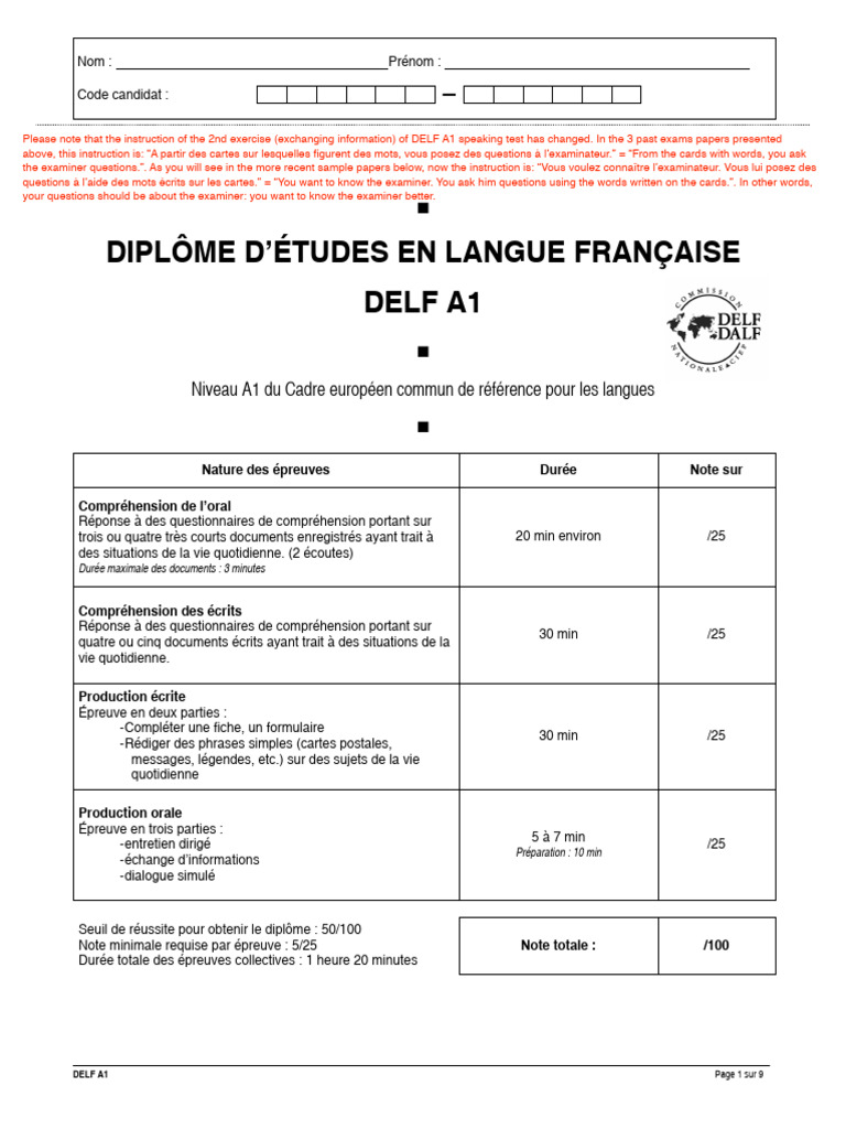 DELF A1 French Sample Paper 1 | PDF