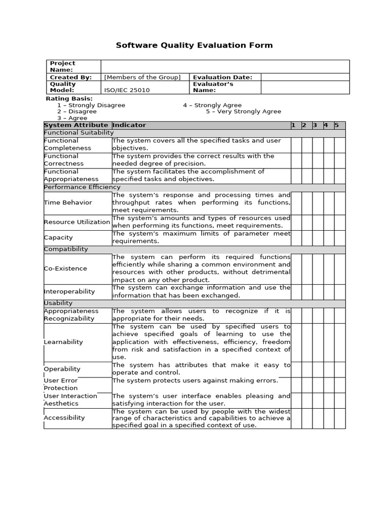 Software Quality Evaluation Form ISO25010For IT or Is Professionals or ...