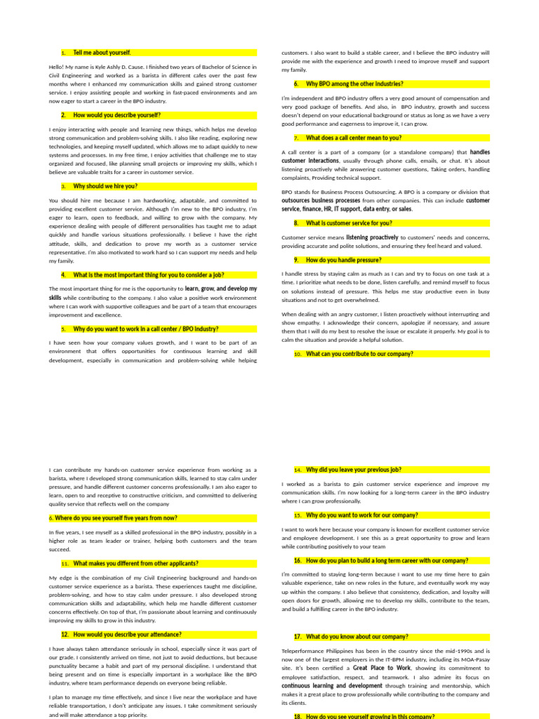 Tell Me About Yourself | PDF | Outsourcing | Call Centre