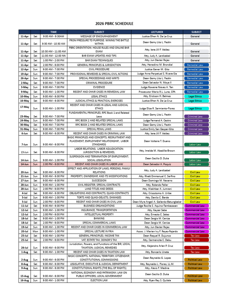 PBRC 2026 Pre-Bar Review Calendar | PDF | Taxes | Public Law