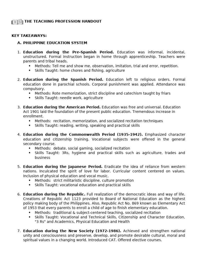The Teaching Profession Handout | PDF | Vocational Education | Literacy