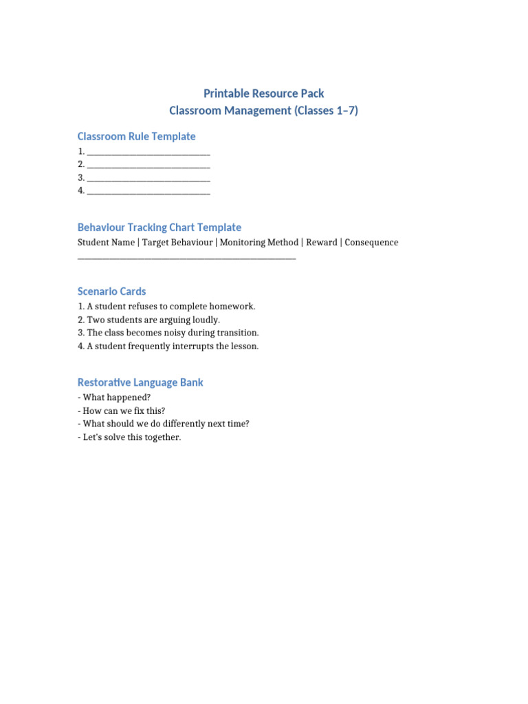 Printable Resource Pack Classroom Management | PDF