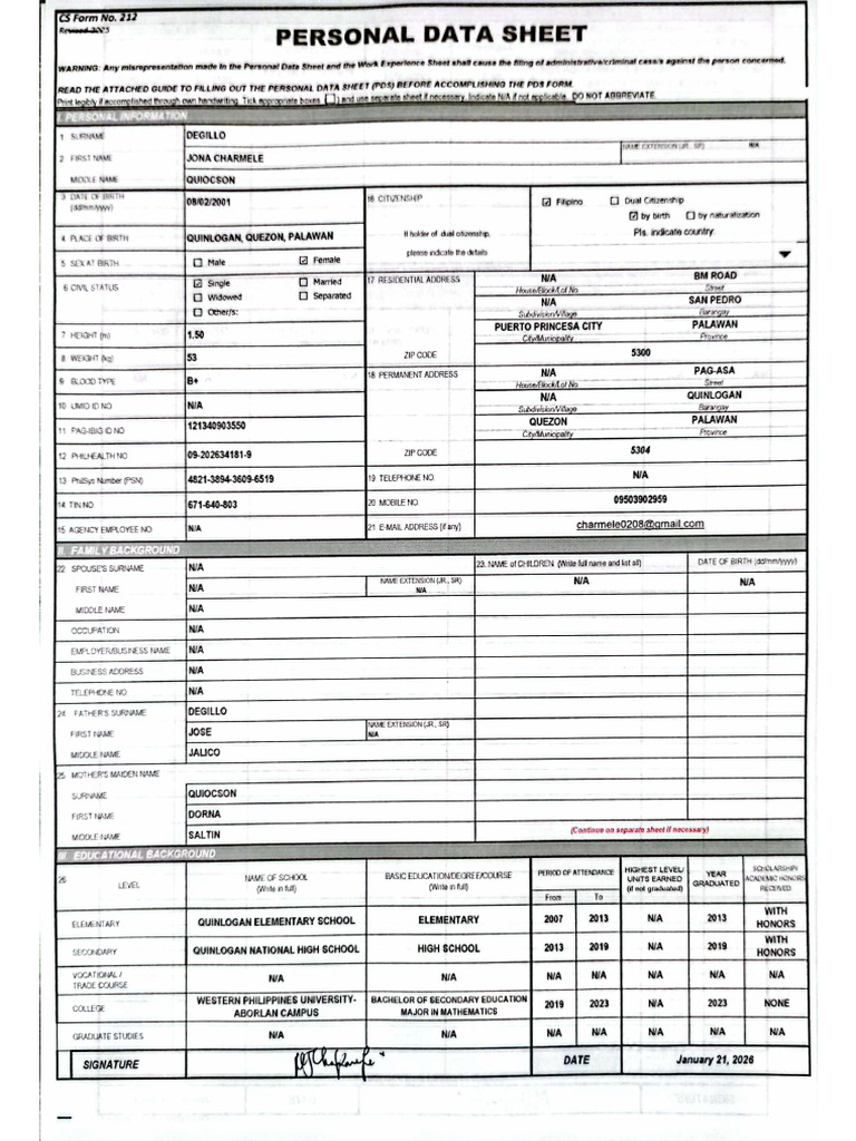 PDS With Work Experience Sheet | PDF