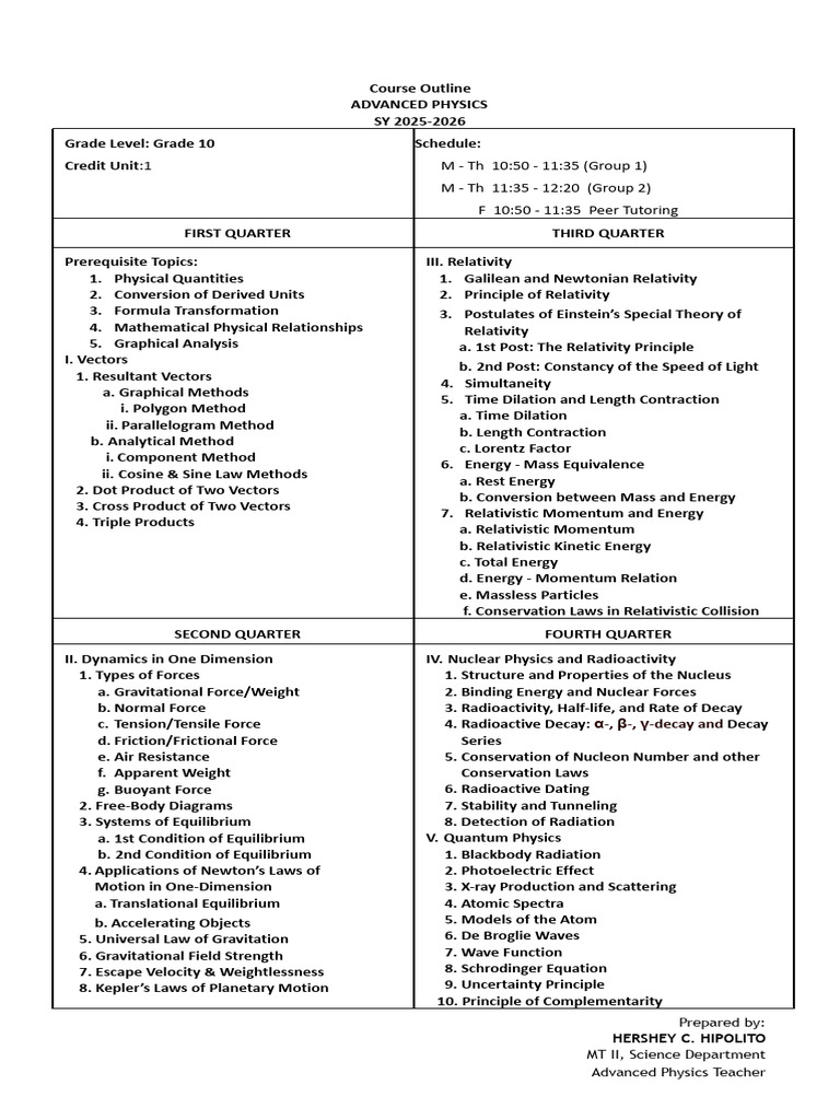 Advanced Physics Course Outline SY 2025-2026 | PDF | Special Relativity ...