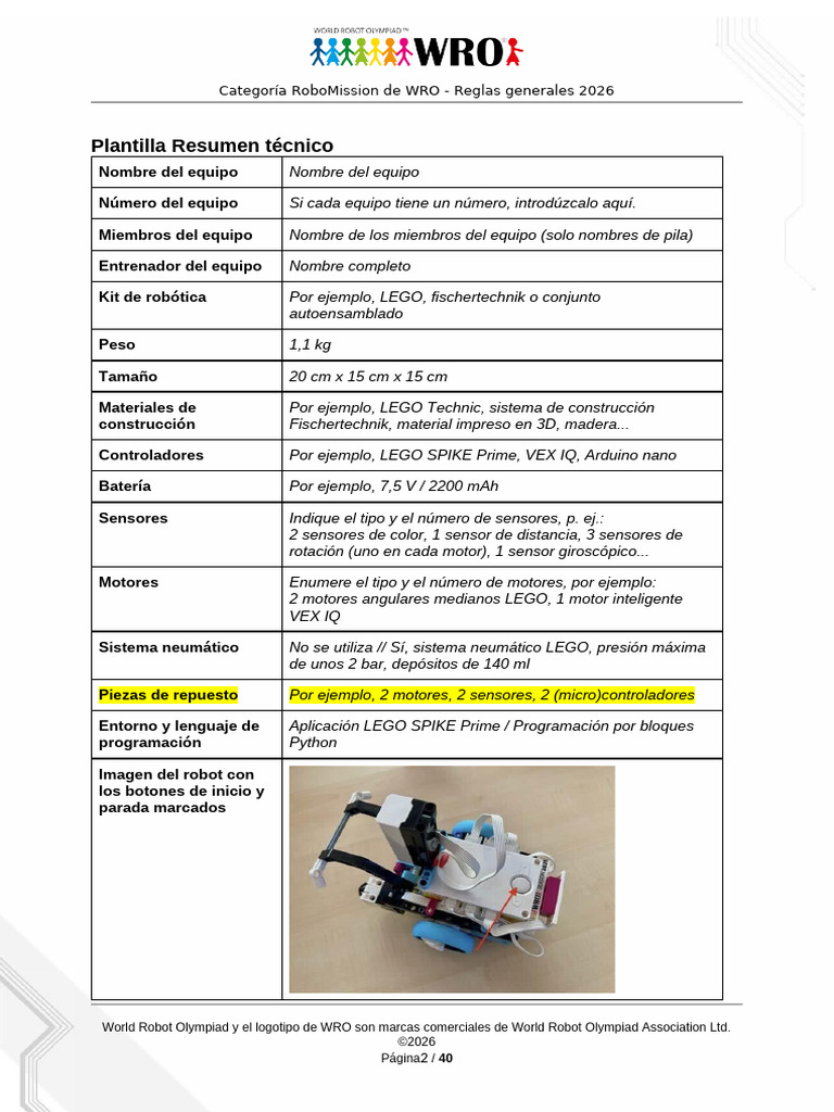 WRO 2026 RoboMission Plantilla Resumen Tecnico Español | PDF