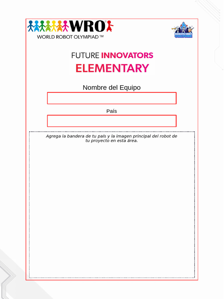 WRO 2026 Future Innovators Template Front Page ElementaryEspañol | PDF
