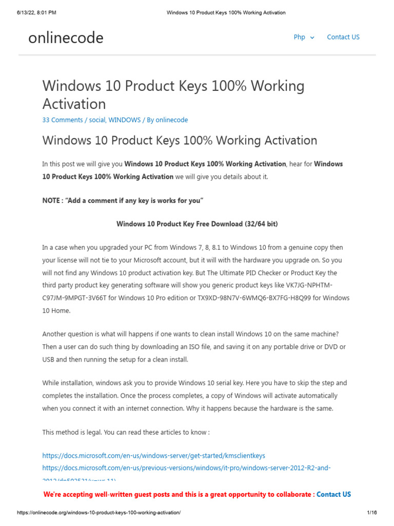 Windows 10 Product Keys 100% Working Activation | PDF | Windows 10 ...