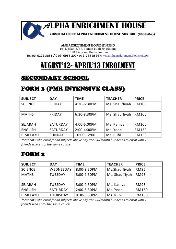Alpha Enrichment House Class Timetable (August 2012) | PDF | Behavior ...
