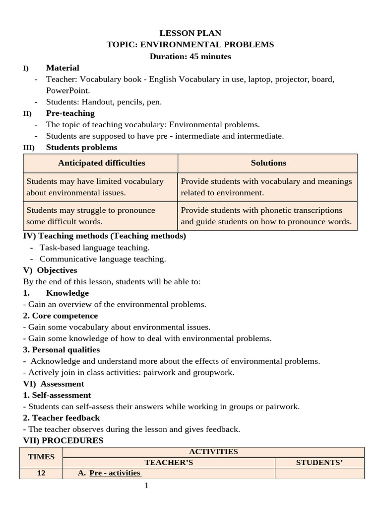 Lesson Plan Teaching Vocabulary | PDF | Waste | Pollution