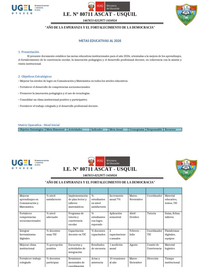 Metas para El Año 2026 Ie #80711 Ascat-Usquil... | PDF | Tecnología de ...
