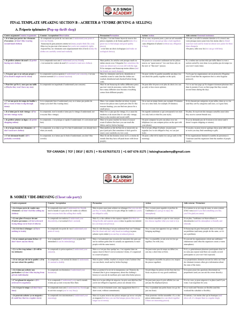 Final Template Speaking Acheter & Vendre - Section B | PDF