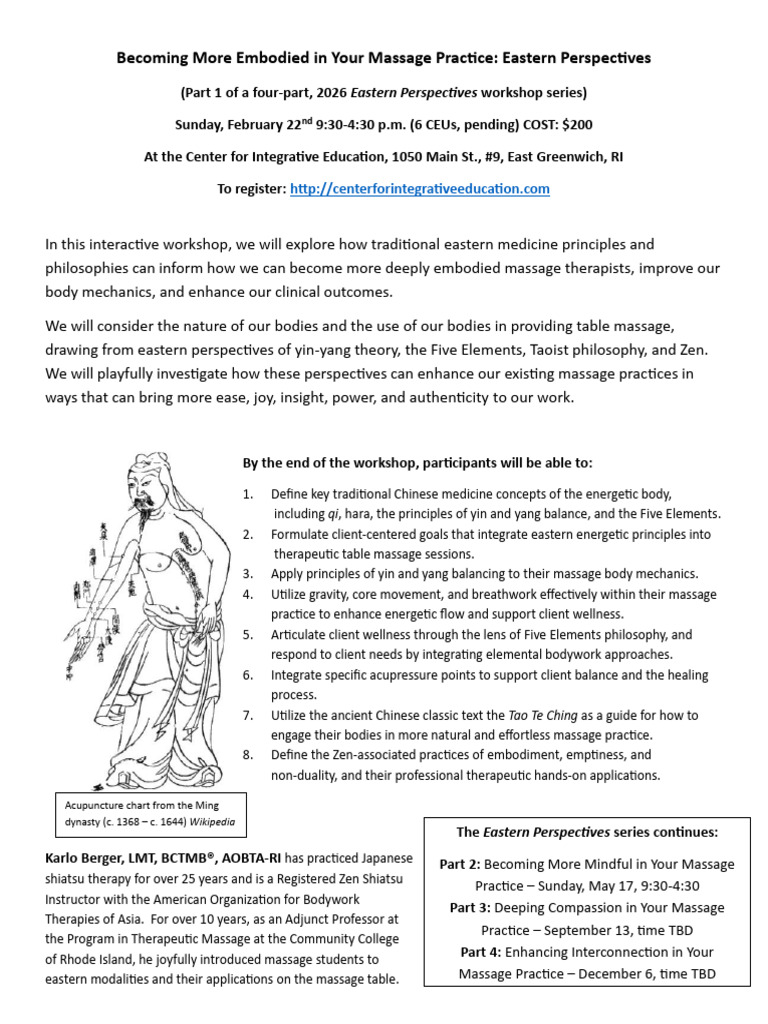 Karlo Berger Workshop Flyer 02 22 2026 | PDF | Massage | Yin And Yang