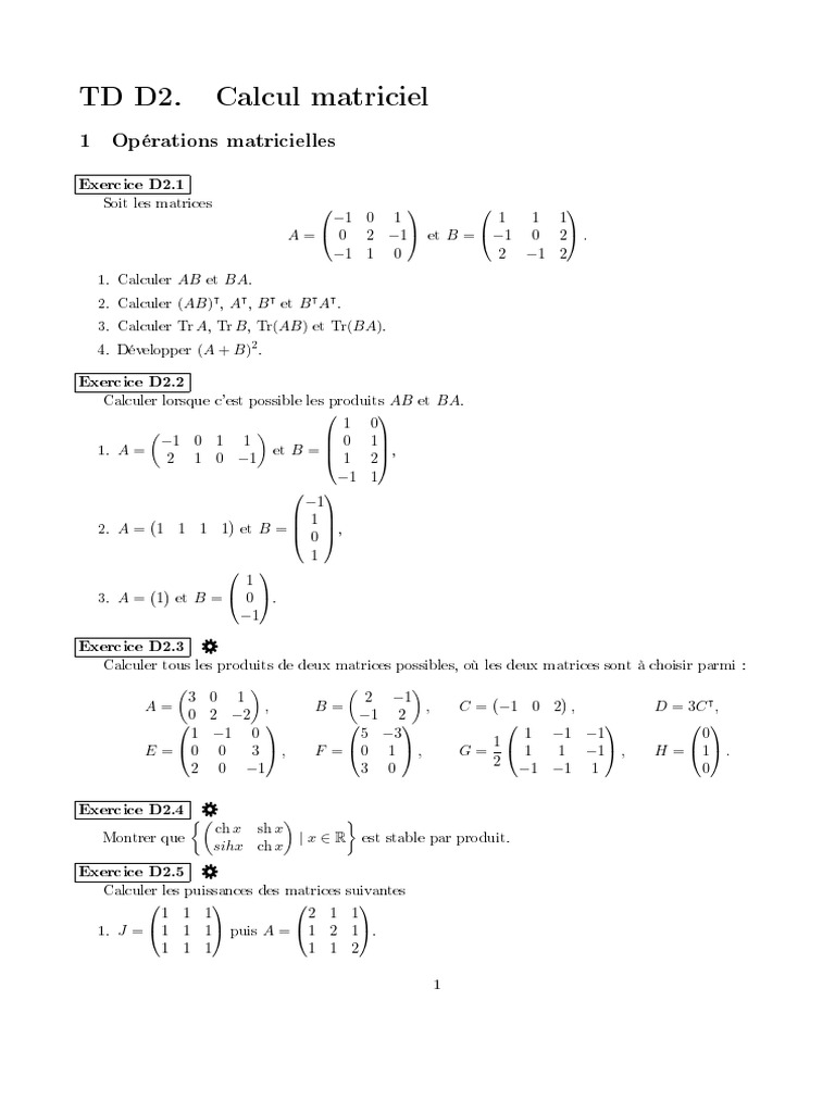 TD D2. Calcul Matriciel | PDF | Matrice (Mathématiques) | Analyse ...